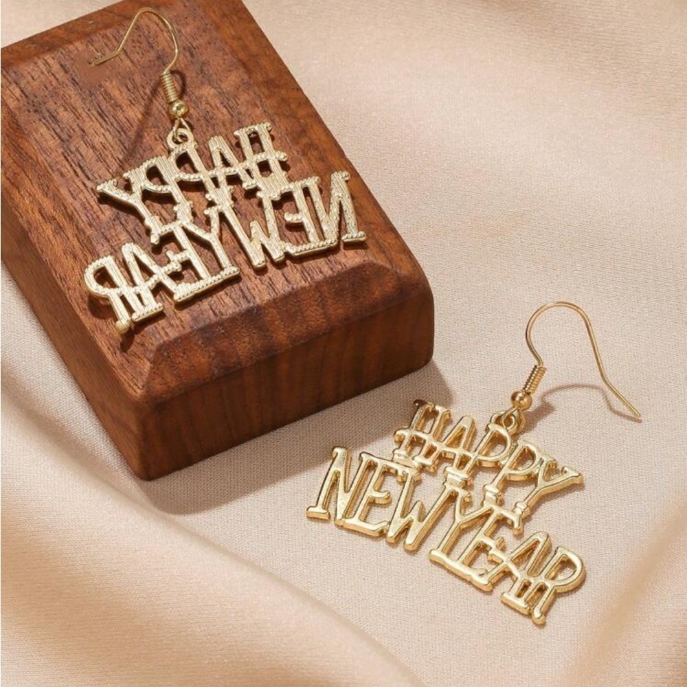Happy New Year Gold-Tone Earrings BRAND NEW Minimalist Lightweight - Picture 4 of 5